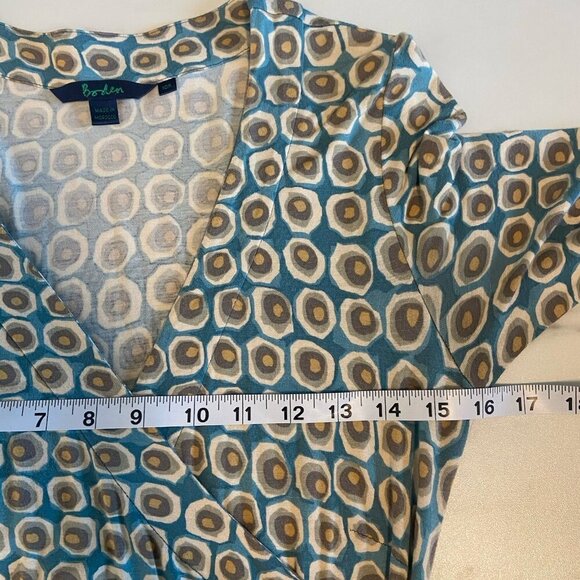 Boden Fixed Wrap Jersey Printed 3/4 Sleeves Midi Dress Size 10 R Blue Yellow Dot - Picture 12 of 14